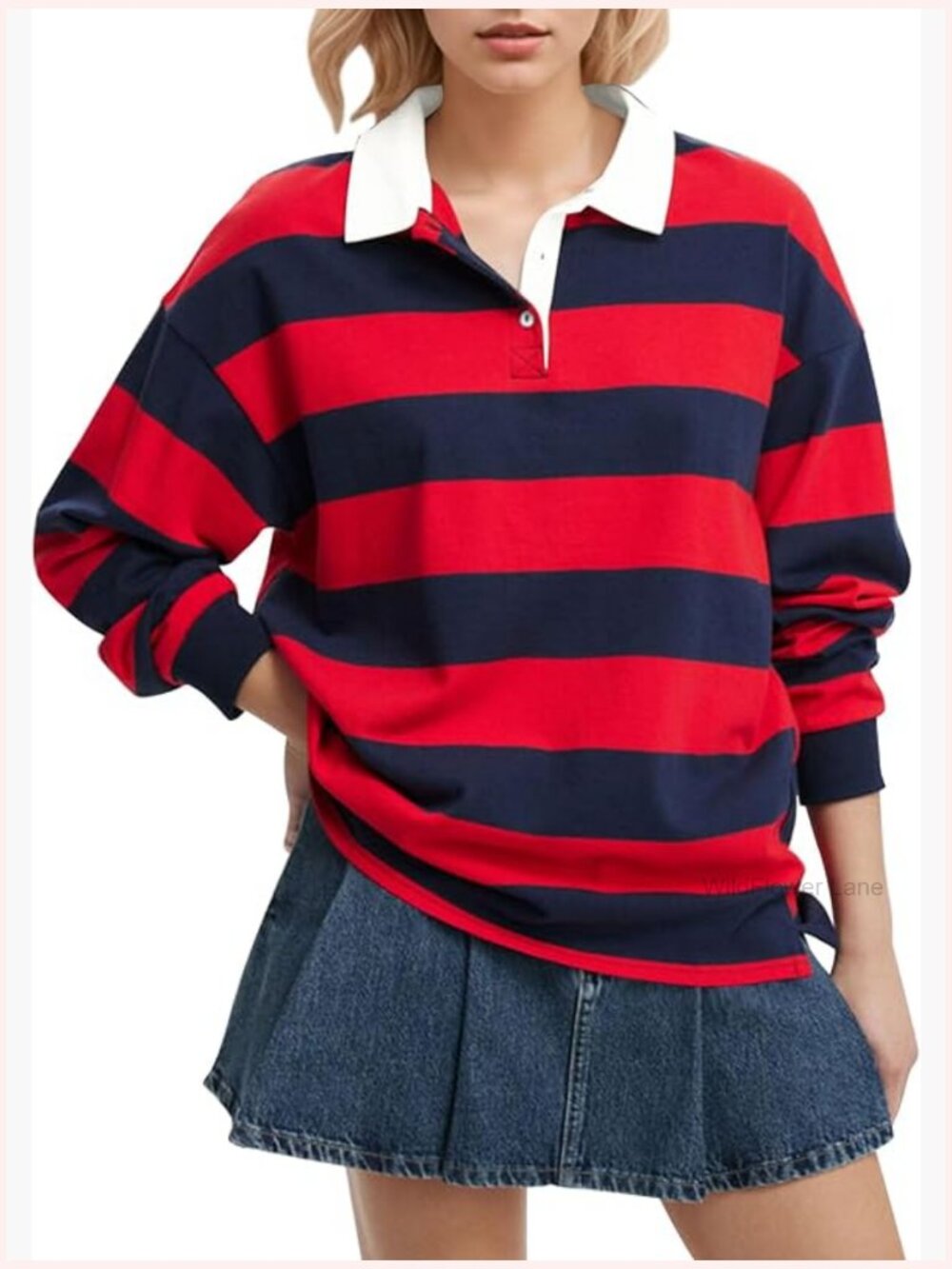 Oversized Striped Polo Shirt Long Sleeve Casual Rugby Sweatshirt Y2K Top - Picture 1 of 7